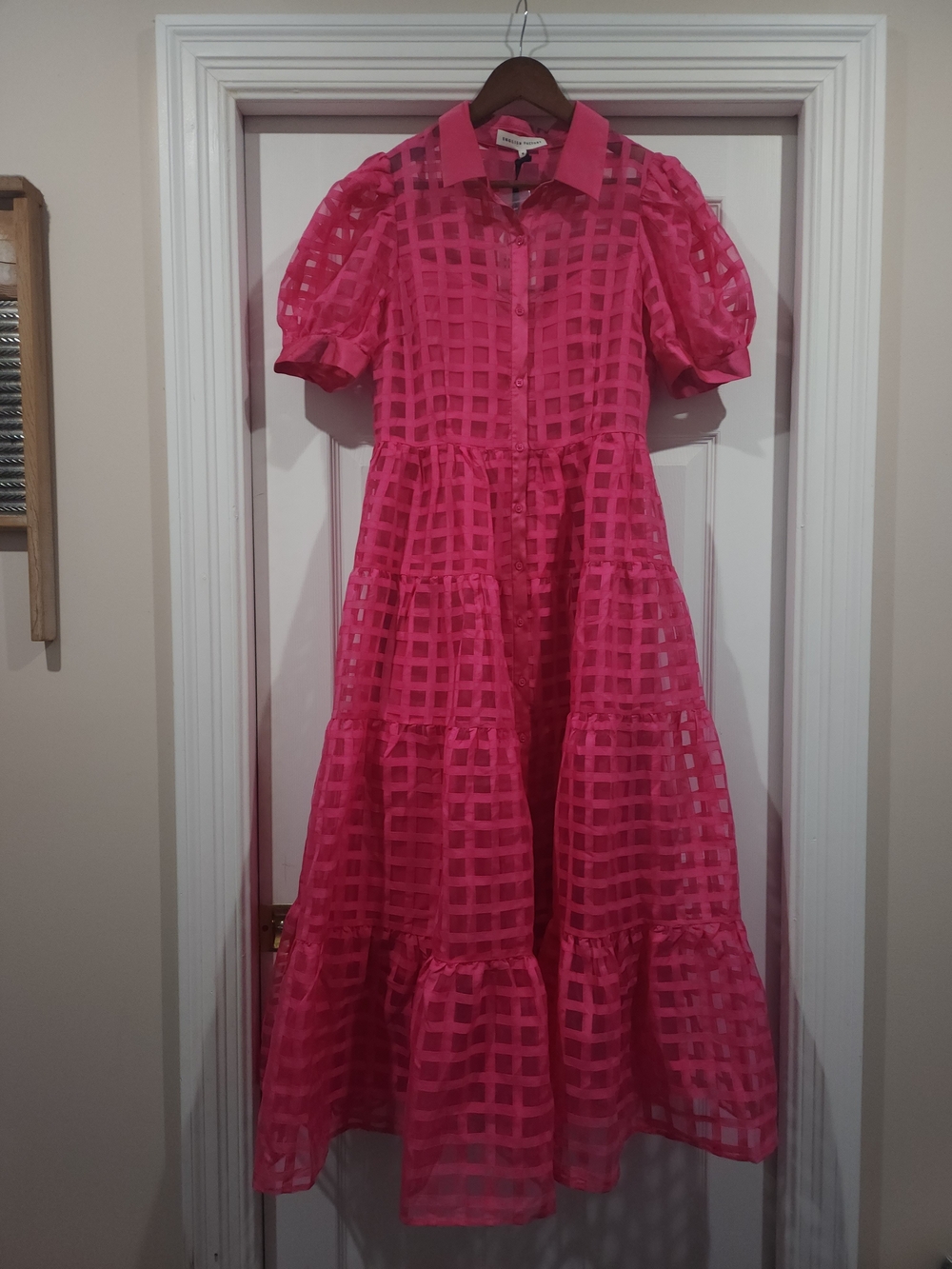 English Factory Hot Pink Grid Tiered Shirt Dress
